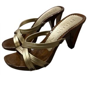 Italian Shoemakers Metallic Gold Strappy Heeled Sandal with Wooden platform 8.5